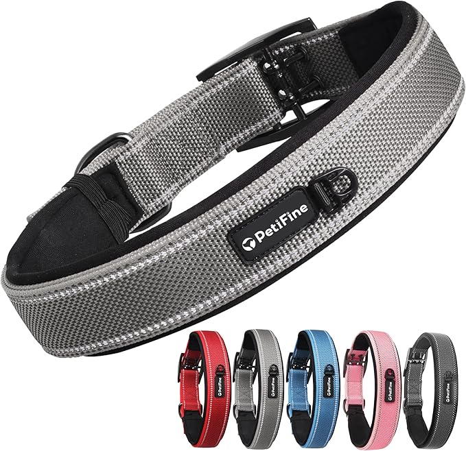 PetiFine Dog Collar for Large Dogs, Neoprene Padded and Adjustable, Reflective Wide Heavy Duty Pet Collars with Durable Metal Belt Buckle for Walking, Grey, XL