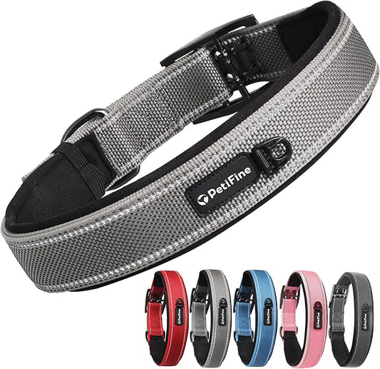PetiFine Dog Collar for Large Dogs, Neoprene Padded and Adjustable, Reflective Wide Heavy Duty Pet Collars with Durable Metal Belt Buckle for Walking, Grey, XL