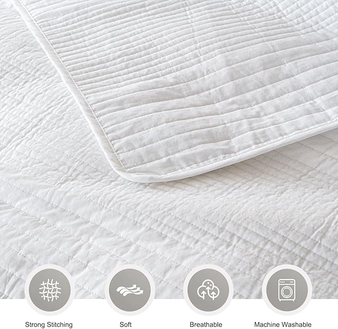 100% Cotton Queen Quilt Set 3-Piece,Lightweight and Textured Bedspread Coverlet & 2 Pillow Shams,All-Season Lightweight Queen Comforter Bedding Set（White）