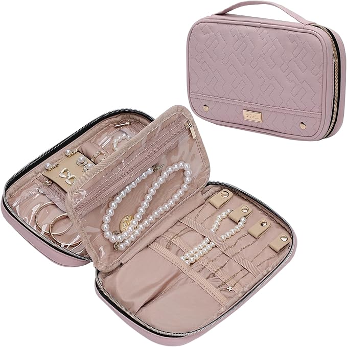 NISHEL Travel Jewelry Case, Holiday Organizer for Necklaces, Earrings, Rings, Bracelets, Watch, Peach Pink