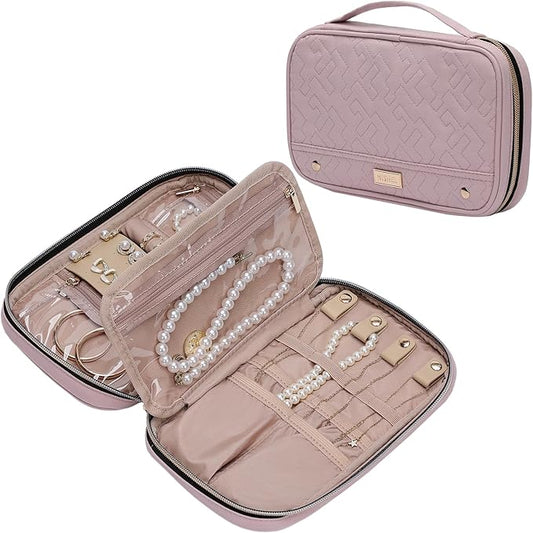NISHEL Travel Jewelry Case, Holiday Organizer for Necklaces, Earrings, Rings, Bracelets, Watch, Peach Pink