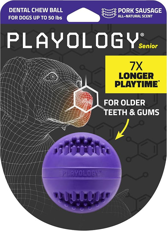 Playology Dog Toys | Dental Chew Ball Gentle on Gums | Medium Pork Sausage Scented Toy - Easy to Clean and Made from Non Toxic Materials