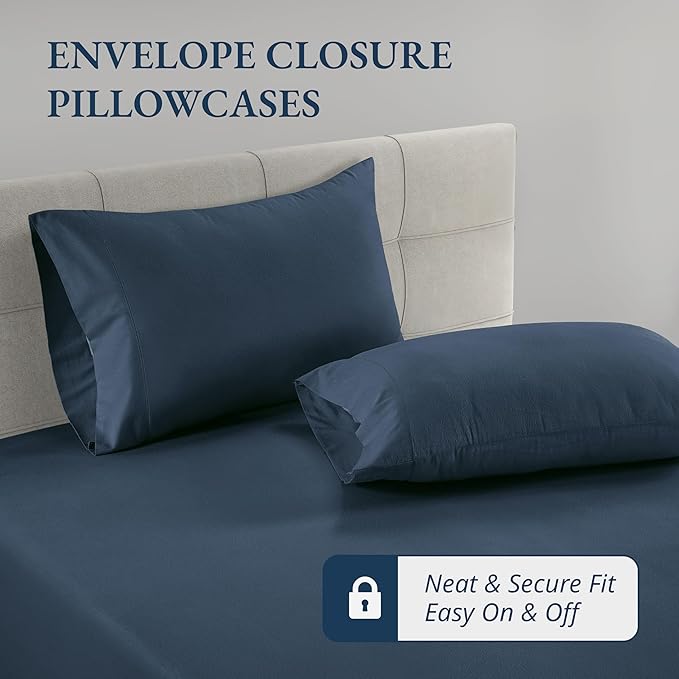 LANE LINEN Full Size Fitted Sheet, 100% Organic Cotton, 3Pc Set (1 Fitted Sheet,2 Pillowcases), Percale Weave, Bottom Sheet, Breathable, Fits Mattress Upto 15" Deep - Navy(No Flat Sheet)