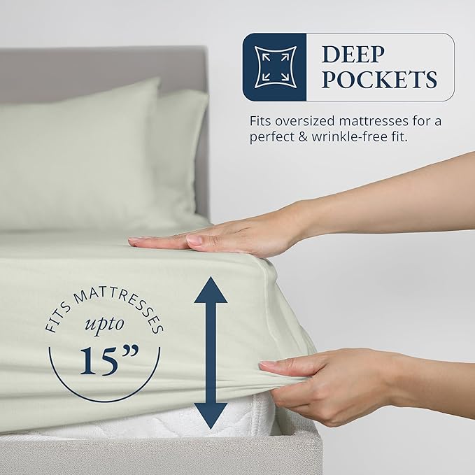 LANE LINEN Full Fitted Sheet, 100% Organic Cotton, 3-Piece Set (1 Fitted Sheet,2 Pillowcases), Percale Weave, Full Bed Bottom Sheet, Ultra Soft, Fits Mattress Upto 15" Deep - Mineral(No Flat Sheet)