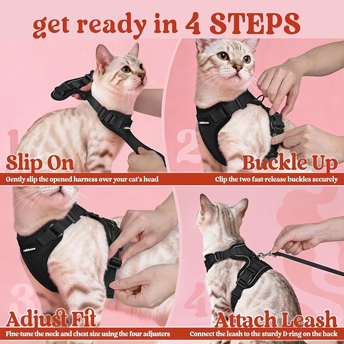 rabbitgoo Cat Harness and Leash for Walking, Escape Proof Soft Adjustable Vest Harnesses for Cats, Easy Control Breathable Reflective Strips Jacket, Black, XXS