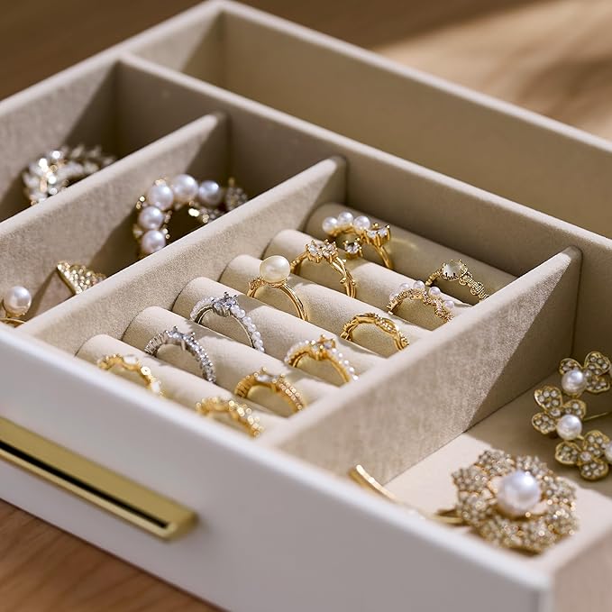 pickpiff Jewelry Box Organizer Case for Women: 3-Layer Jewelry Storage Case with Glass Window, Pure White Leather with Velvet Holder for Ring Necklace Bracelet Brooch Watch, Great Gift for Her