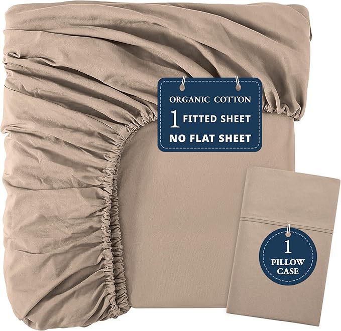 LANE LINEN 100% Organic Cotton Twin Fitted Sheet & Pillowcase Set, Percale Weave, Ultra Soft, Breathable, Fits Mattress Up To 15" Deep - Taupe (No Flat Sheet)