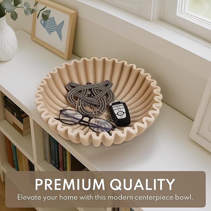 12" Extra Large Decorative Bowl – Decorative Fruit Bowl for Kitchen Counter, Modern Handmade Bowls for Home Decor, Ruffle Decor, Stylish Key Bowl for Entryway Table, Beige Artificial Stone