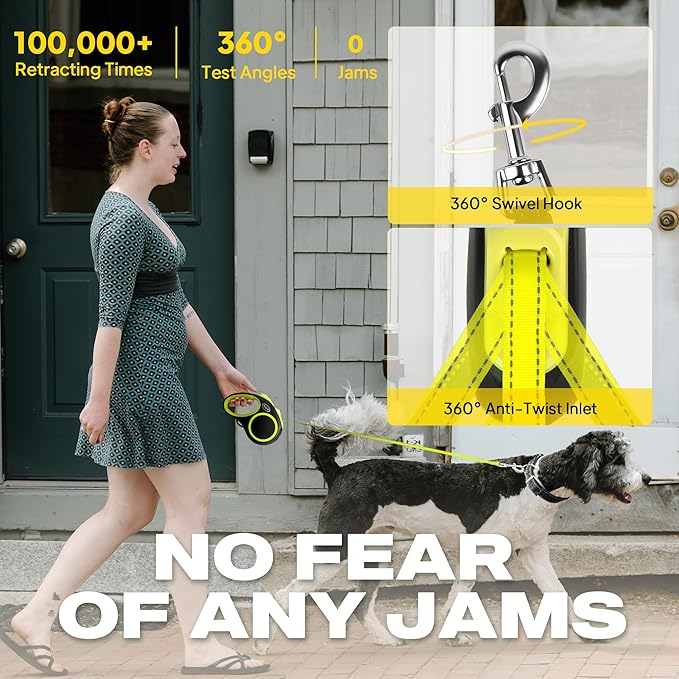 Fida Retractable Dog Leash, Reflective 16ft Heavy Duty Pet Walking Leash for Medium/Large Dog up to 44 lbs, Tangle Free. One-Hand Brake (Medium, Neon Yellow)