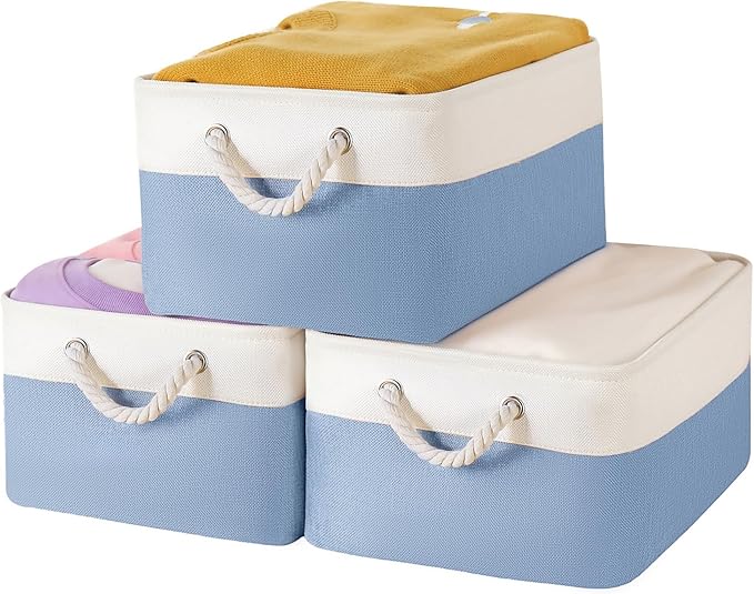 Storage Bins with Sturdy Cotton Handles(3 Pack), Fabric Storage Baskets for Organizing use for Office & Home, Book, Clothes, Toys, Closet Boxes (Large, Blue-White, 15.7x11.8x7.9 inches)
