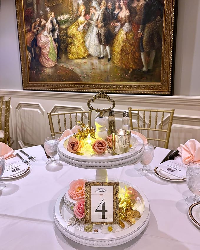 2 Tiered Tray Wooden Serving Stand by Felt Creative Home Goods. Small Shabby Chic Beaded Tray for Home Decor Display Farmhouse Country Decoration Kitchen or Dining. Includes 3 Custom Handles (White)