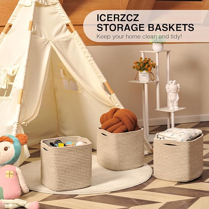 13 Inch Cube Closet Storage Bins, Woven Cotton Rope Organizer Baskets for Organizing & Shelves, Books, Towels, Clothes, Toys, 13x13x13 in, Brown (Pack of 3)