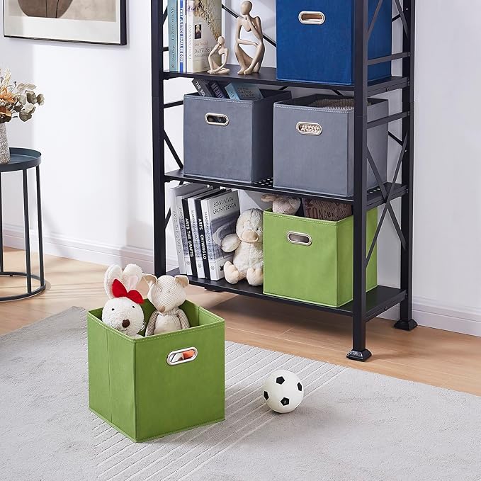 11 Inch Fabric Collapsible Storage Cubes,6 Pack Colored Closet Storage Bins with Metal Handles Foldable Cube Baskets for Organizing Clothes, Toys, Books（Green, Gray, Dark Blue）