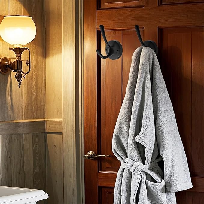 Black Wall Hooks Towel Hooks, 3 Pack Coat Hooks Robe Hook Heavy Duty Metal Double Bath Hook Wall Mounted, Hand Towel Hooks for Entryway Bathroom Kitchen Closet Garage