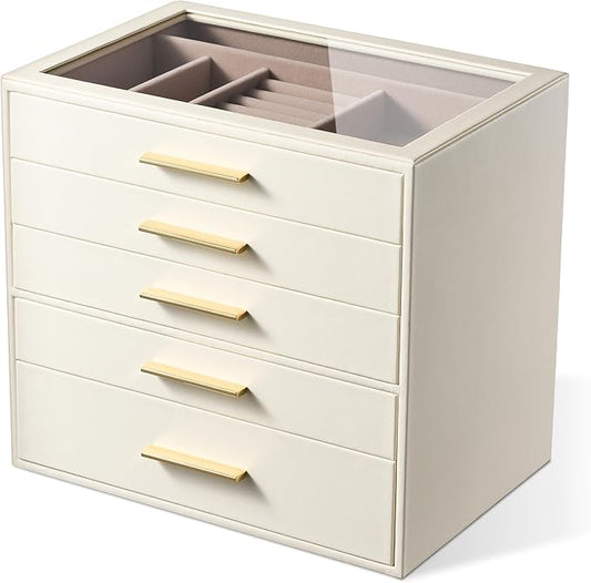 pickpiff Jewelry Box Organizer Case for Women: 5-Layer Jewelry Storage Case with Glass Window, Ivory Leather with Pink Velvet, Holder for Ring Necklace Bracelet Brooch Watch, Great Gift for Her