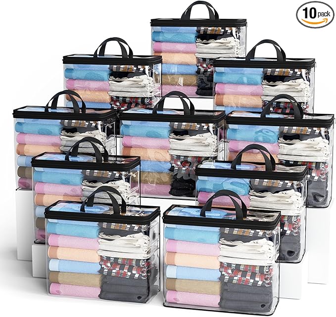 10PACK Clear Zippered Storage Bag for Clothes, 22L Clear Storage Bags, and Blanket Storage Bags for Bedding, Linen, Blankets, Comforters, Clothing & Toys (Black)