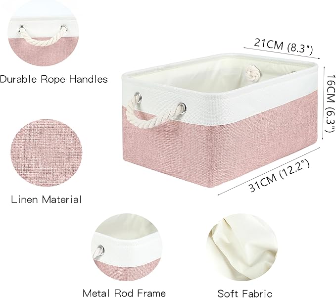 Storage Bins with Sturdy Cotton Handles(3 Pack), Fabric Storage Baskets for Organizing use for Office & Home, Book, Clothes, Toys, Closet Boxes (Small, Pink-White, 12.2x8.3x6.3 inches)