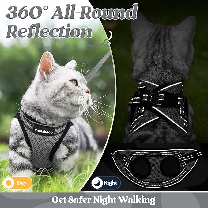 rabbitgoo Cat Harness and Leash Set for Walking Escape Proof, Adjustable Soft Kittens Vest with Reflective Strip for Cats, Comfortable Outdoor Vest, Grey, M