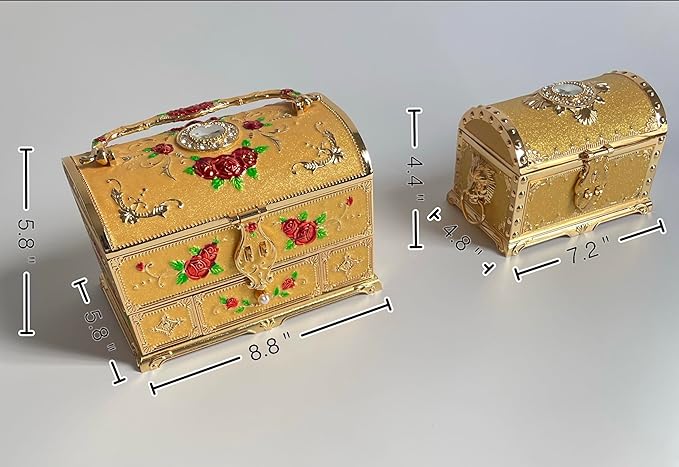 Retro Jewelry Box Arched Vintage Rectangular Metal Chest Necklace Ring Earrings Storage Case for Women Girls (Golden Starlight Yellow, XL Lock)