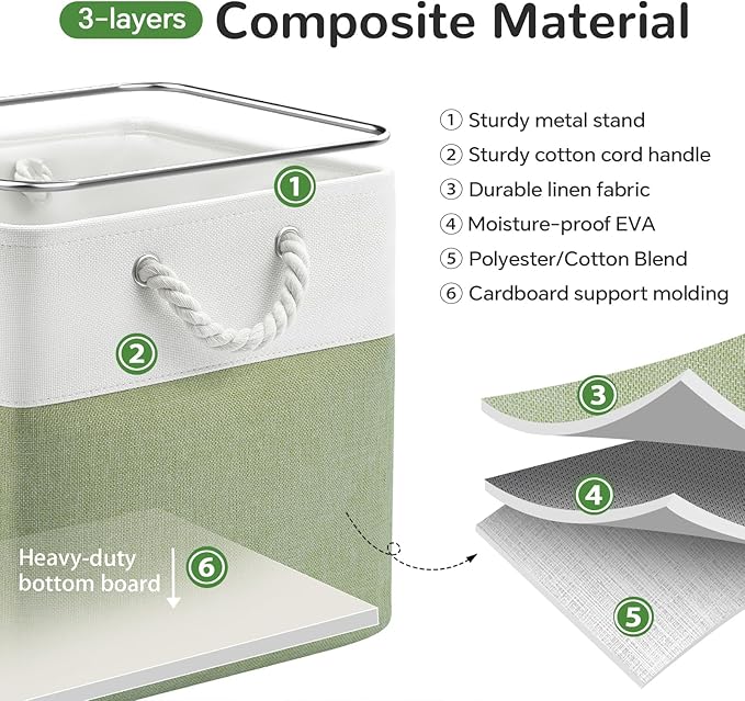 13 x 13 Inch Cube Storage Bins, 6 Pack Fabric Storage Basket with Handles, Foldable Boxes Organizer for Shelf Baskets for Home, Clothes, Toys (White/Green)