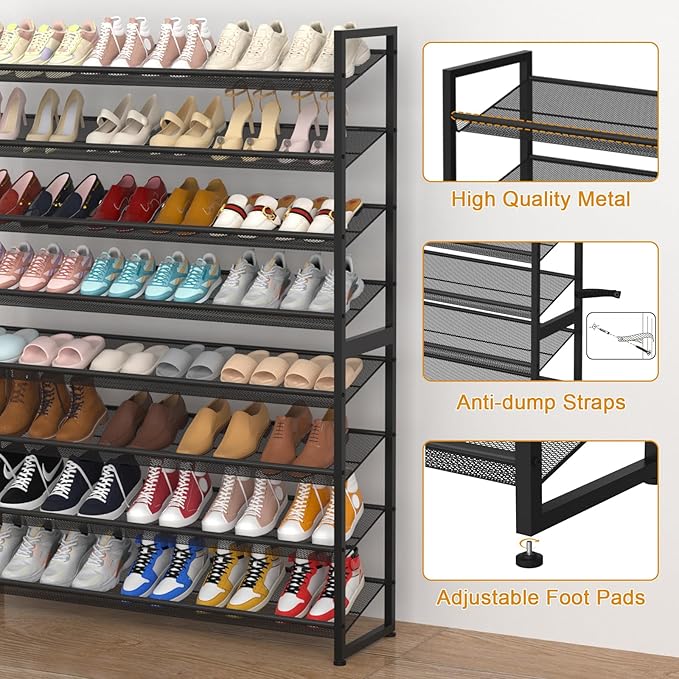Large Shoe Rack 8 Tier Shoe Organizer, Heavy Duty Metal 4-Tier Stackable Shoe Storage Vertical Shoe Rack for Closet Front Door Entrance, Up to 50 Pairs, 44.8" W x 11.4" D x 56.7" H, Black