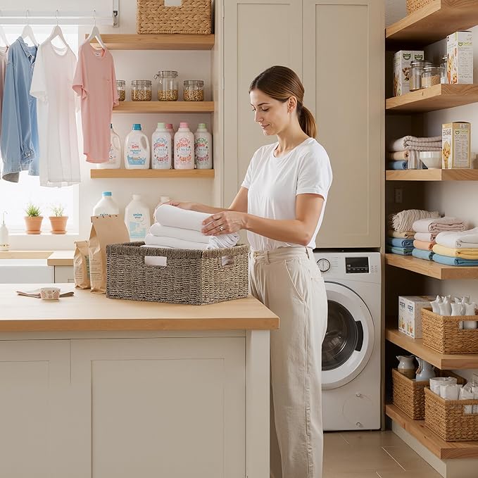 StorageWorks Extra Large Wicker Baskets for Organizing, Seagrass Storage Basket with Built-in Handles, 1 Pack