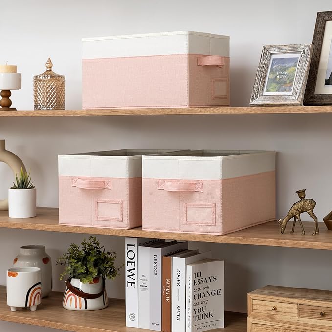 GRANNY SAYS Storage Baskets for Organizing, Fabric Storage Bins for Shelves, Closet Storage Boxs, Clothing Storage and Organization, Decorative Storage Bins, Pink&Ivory, Large, 3-Pack