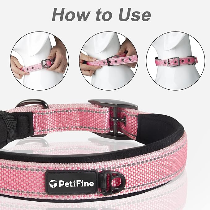 PetiFine Dog Collar for Large Dogs, Neoprene Padded and Adjustable, Reflective Wide Heavy Duty Pet Collars with Durable Metal Belt Buckle for Walking, Pink, XL