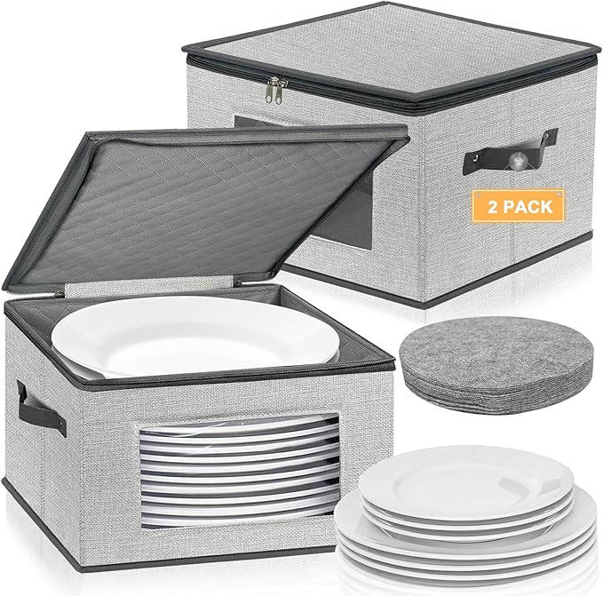 China Storage Containers, 12 Inch Dinner Plate Dish Storage Containers, Hard Shell Quilted Dinnerware Storage Box Case with Lids and Felt Protectors for Dishes Plates Storage and Moving (Light Grey)