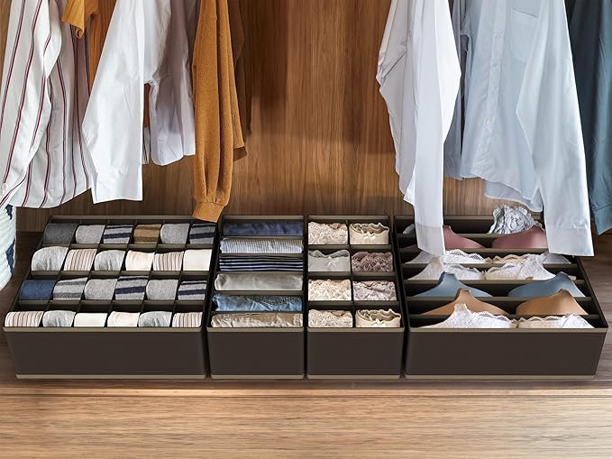 Simple Houseware 4-Pack Drawer Organizer Set - Closet Dividers for Underwear, Socks, Bras, Scarves, Ties - Foldable Non-Woven Storage Boxes, Brown