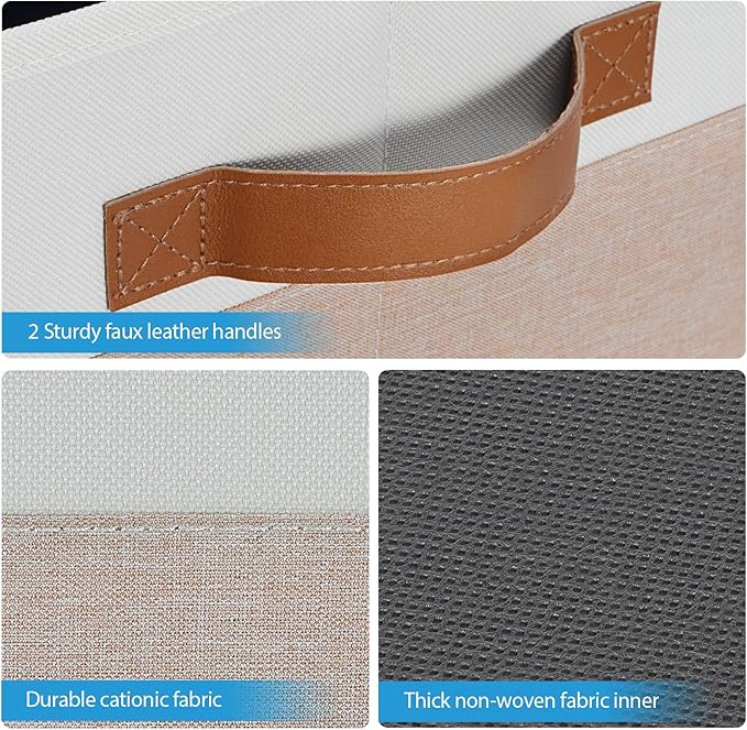 Large Fabric Storage Bins, Foldable Fabric Storage Baskets for Shelves, Sturdy Storage Boxes with PU Handles for Organizing Closet Home Bedroom Office (26L, 3 Packs, Pink&White)