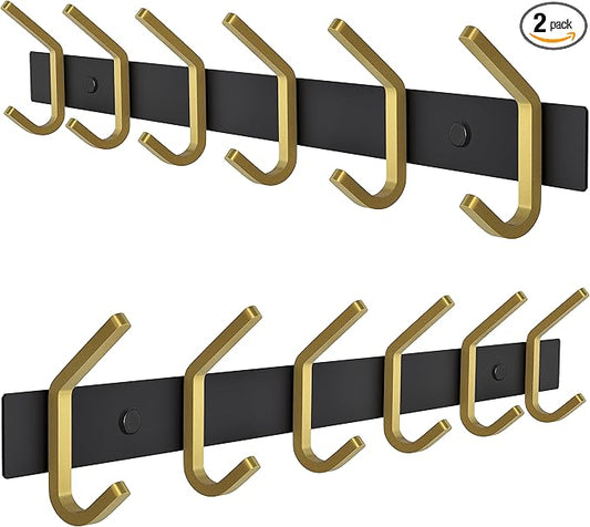 Coat Rack Wall Mount – Black and Gold Hook Rail with 6 Double Coat Hooks, 17 Inch Stainless Steel Wall Hooks for Entryway, Bathroom, Bedroom, Closet, Towel, Hat, Bag, Heavy Duty Organizer - 2 Pack