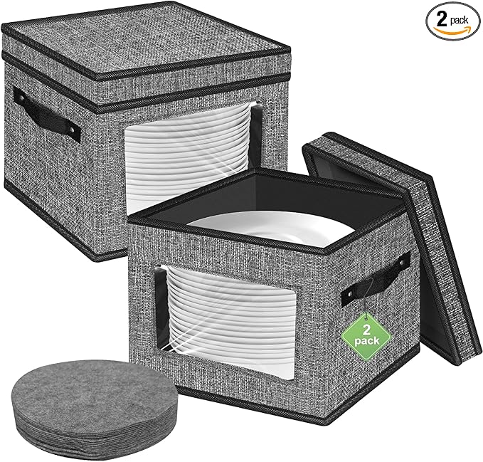 homyfort China Storage Containers With Lid and Handles, Dinnerware Storage Box for Dishes with 12 Felt Dividers, Hold 24 Plates, 12x 12, Set of 2, Grey