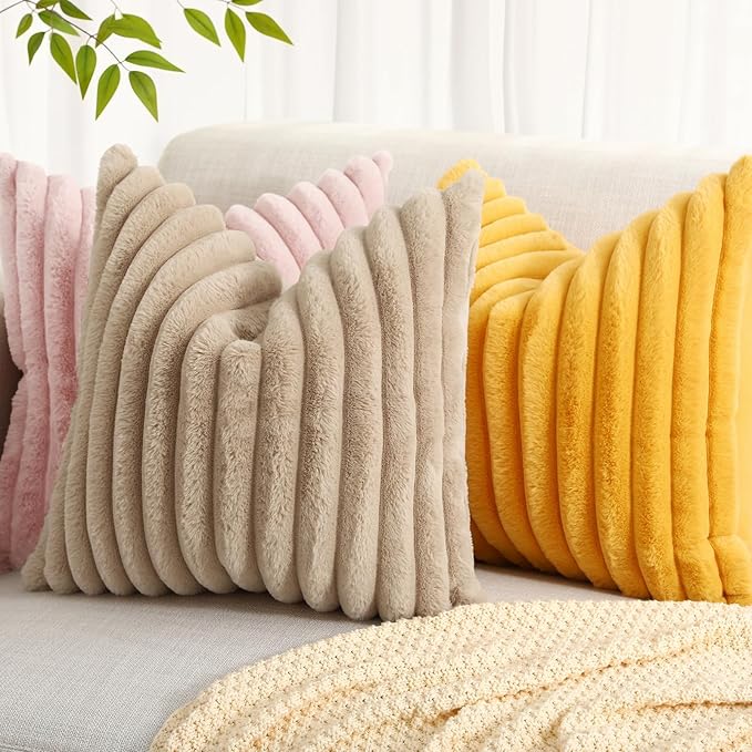 decorUhome Faux Fur Spring Throw Pillow Covers 16x16 Set of 2, Decorative Soft Plush Striped Neutral Couch Pillow Covers with Velvet Back for Sofa, Bed, Living Room Home, Mustard Yellow