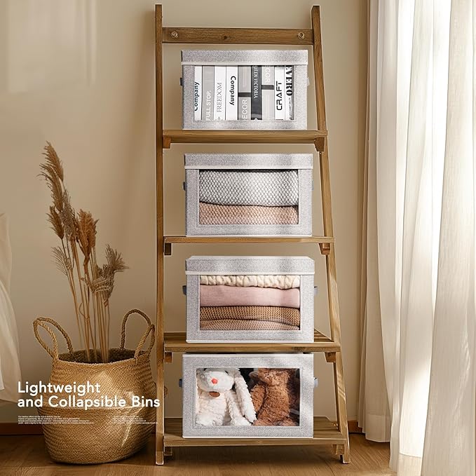 Storage Box with Lids - 5 Pack Foldable Clear Window Storage Bins, Large Decorative Storage Bins with Handles, Storage Containers for Clothes, Towel, Blanket, Sheet, Light Grey