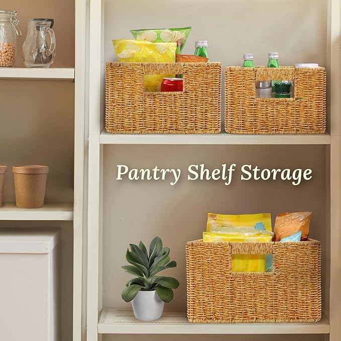 Baskets with Handles, Wicker Storage, Shelf Boxes for Organizing, Decorative Resin, Set of 3, Amber