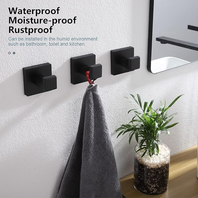 KOKOSIRI Bath Towel Hook Wall Mounted Square Robe Hook Coat Hook Bathroom Kitchen Garage Heavy Duty SUS 304 Stainless Steel 3 Pack Matte Black B1010BK-P3
