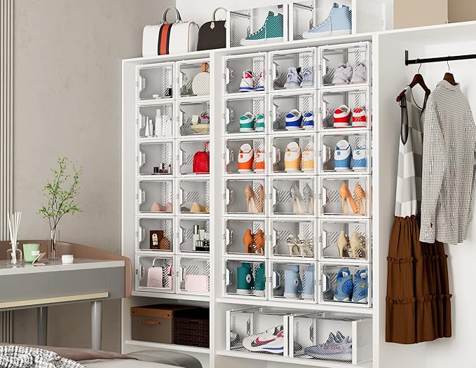 Shoe Storage, 12 Pack X-Large Shoe Organizer for Closet, Shoe Boxes Clear Plastic Stackable Shoe Storage Boxes for Size 13