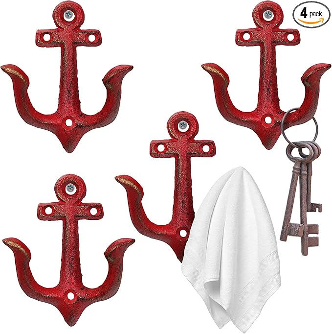 XINGYAN Vintage Rustic Cast Iron Nautical Sea Anchor Design Wall Hooks,Home Coat Rack,Decorative Wall Mounted Antique Shabby Chic Metal Bathroom Towel,Coat Hooks,Hanger,Screws Inside (Red[4pcs])