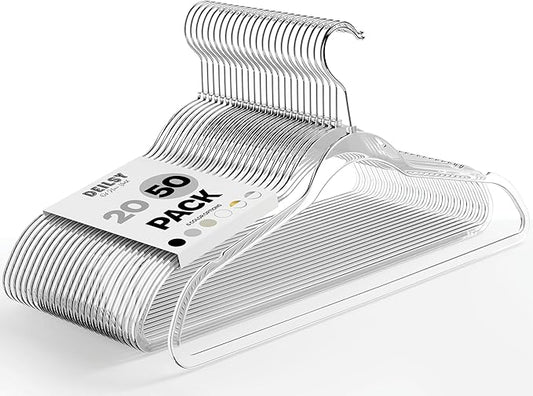 DEILSY™ Clear Hangers 50 Pack with Silver Hook - Non Velvet Slim Hangers - Durable Hanger Space Saver for Closet Organization, Shirts, Dresses, Jackets, Pants, Adult Clothes Storage Solution