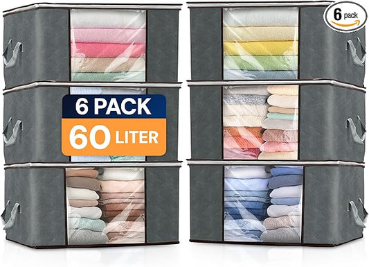 Reli. 60L Clothes Storage Bags (6 Pack) Foldable Closet Organizers & Closet Storage Containers | Foldable Bins with Lids, Handles | Large Clothing Bags for Towels, Toys, Blankets | Grey