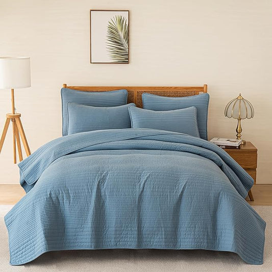 100% Cotton Quilt King Size Bedding Sets, Bedspread Set and 2 Pillowcases, Lightweight and Textured, All Season Lightweight King Comforter Bedding Set（Blue）