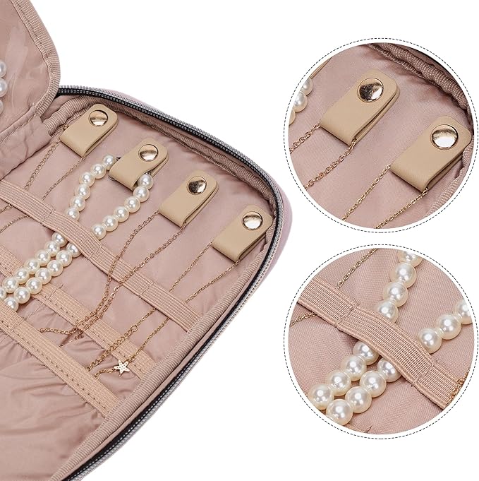 NISHEL Travel Jewelry Case, Holiday Organizer for Necklaces, Earrings, Rings, Bracelets, Watch, Peach Pink