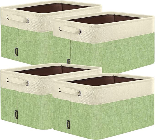 BALEINE 4 Pack Fabric Storage Bins for Shelves, Linen Storage Baskets for Organizing, Decorative Closet Bins for Clothes, Home (Green, 12"x8"x8")