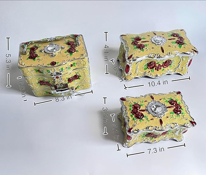 Truewon Jewelry Chest Rose Pastoral Style Metal Box Trinket Vintage Trinket Gemstone Storage Tray Treasure Souvenir Gift Case for Girls Women (Chrome Starshine Yellow, Large)