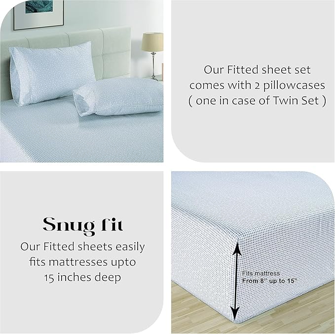 LANE LINEN Twin XL Fitted Sheet, 100% Organic Cotton 2Pc Set (1 Fitted Sheet, 1 Pillowcase) Percale Weave, Bottom Sheet, Soft, Breathable, Fits Mattress Upto 15" Deep - Polka Dot Blue (No Flat Sheet)