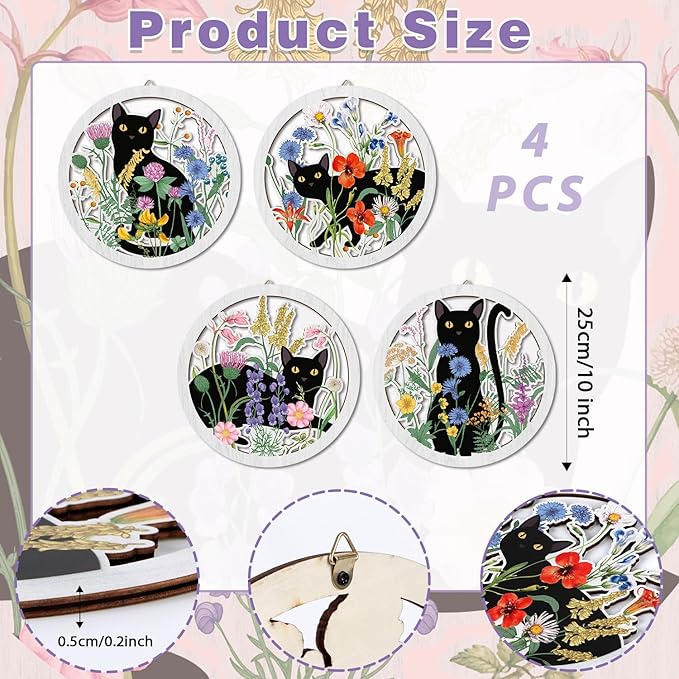HPNIUB Funny Black Cat Wall Decor,Farmhouse Floral Wooden Signs,4 Pieces 10''x10'' Colorful Botanical Kitten Wall Art,Plant Cat Wood Plaque Home Decor for Pet Shop,Nursery,Lovely Cat Gifts