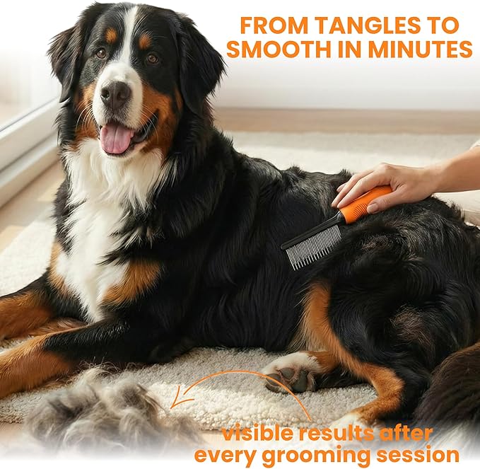 Poodle Grooming Comb - Metal Dematting Comb with Long & Short Stainless Steel Teeth for Removing Matted Hair & Knots, Safe and Gentle for Dogs & Cats (Orange)