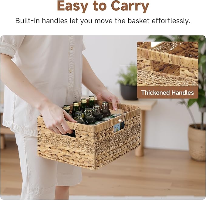 StorageWorks Large Rectangular Wicker Basket, Water Hyacinth and Seagrass Storage Basket with Built-in Handles, 1 Pack