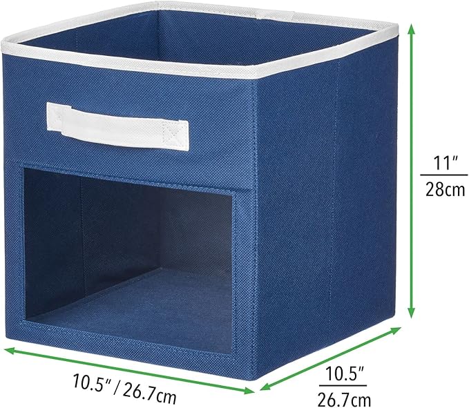 mDesign Fabric Nursery/Playroom Closet Storage Organizer Bin Box with Front Handle/Window for Cube Furniture Shelving Units, Hold Toys, Clothes, Diapers, Bibs, Jane Collection, 4 Pack, Navy Blue/White